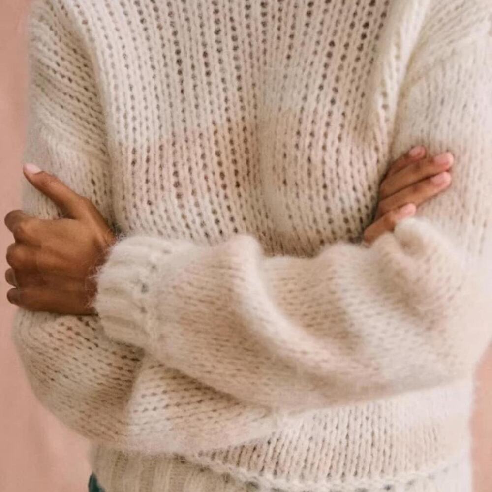 Sezane Alpaca/ Wool blend Chunky knit reversible cream stripe sweater S - Picture 2 of 7
